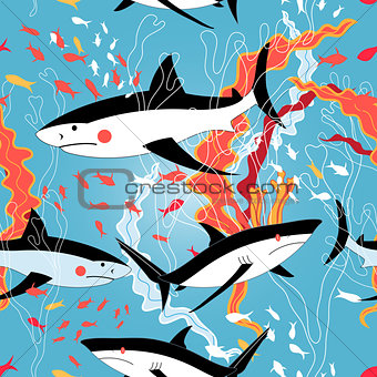 Graphic pattern of swimming sharks