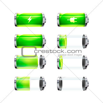 Set of glossy battery icons with different charge level and power signs on white