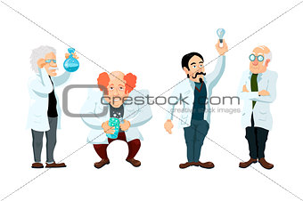 Four cute cartoon scientists characters isolated on white