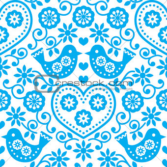 Folk art seamless blue pattern with flowers and birds