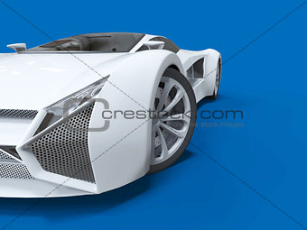 Conceptual high-speed white sports car. Blue uniform background. Glare and softer shadows. 3d rendering.