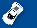 Conceptual high-speed white sports car. Blue uniform background. Glare and softer shadows. 3d rendering.