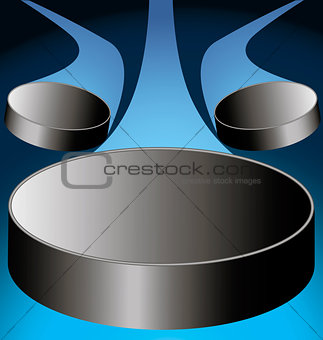 flying hockey puck behind the one in front of the two on a dark blue background