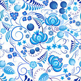 Seamless floral pattern Gzhel with blue ornamental flowers and white background. Russian ornament