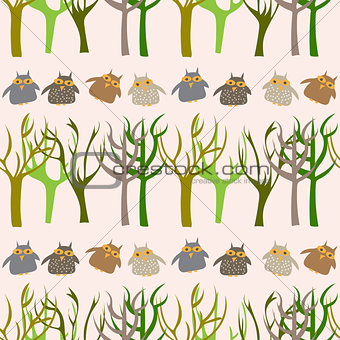 Forest seamless pattern with cute owls