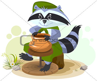 Scout raccoon makes ceramic pot