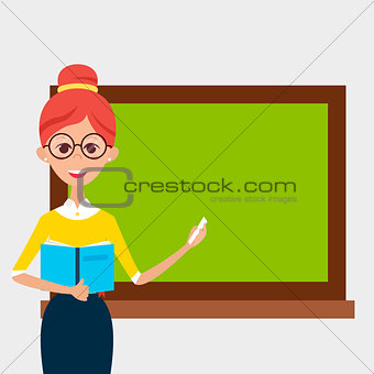 School Teacher with Glasses and Book and Empty Chalkboard