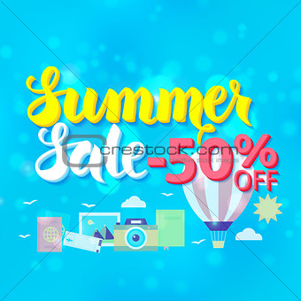 Summer Sale 50 Off Lettering over Blue Blurred Background