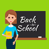 Teacher with Book and Back to School Blackboard