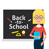 Teacher with Glasses and Book and Back to School Blackboard