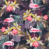 Tropical summer seamless pattern with flamingo birds and exotic plants