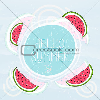 hello summer in frame with watermelons and sun smile, blue grung