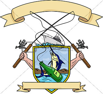 Fishing Rod Reel Blue Marlin Fish Beer Bottle Coat of Arms Drawing