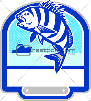 Sheepshead Fish Jumping Fishing Boat Crest Retro