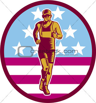 Marathon Runner USA Flag Circle Woodcut