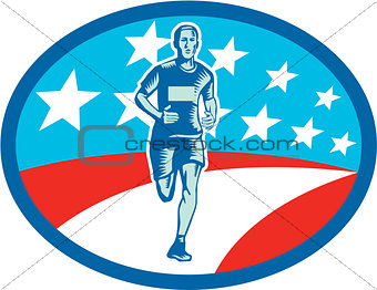 Marathon Runner USA Flag Oval Woodcut