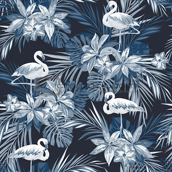 Indigo tropical summer seamless pattern with flamingo birds and exotic flowers