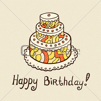 Birthday card with cake on neutral textured background.