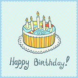 Birthday card with cake on blue textured background.
