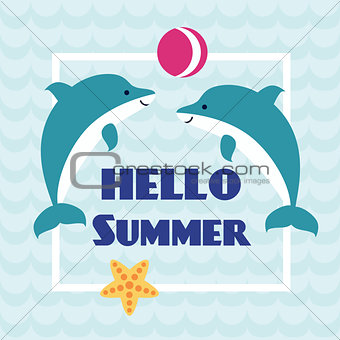 Hello Summer card with playing dolphins