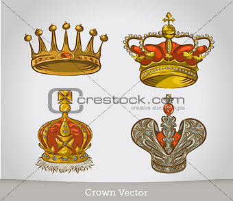 Set of gold crowns isolated on white background . vector