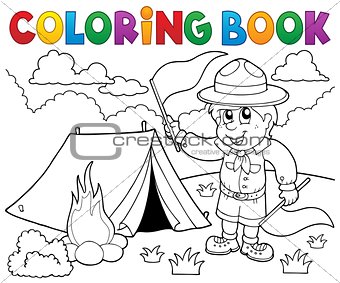 Coloring book scout boy with flags