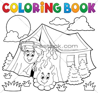 Coloring book scout camping in tent
