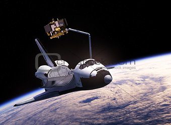 Space Shuttle Deploying Communication Satellite
