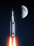Space Launch System And Moon. Elements of this image furnished by NASA.