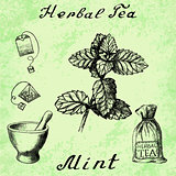 Herbal tea, mint, mortar and pestle, bag, tea bag.