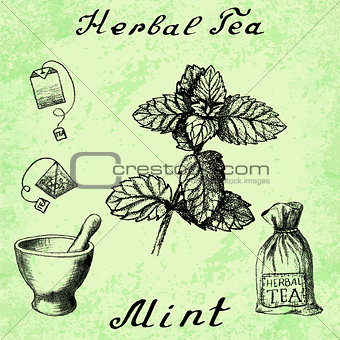 Herbal tea, mint, mortar and pestle, bag, tea bag.