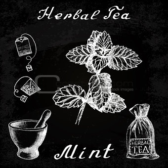 Herbal tea, mint, mortar and pestle, bag, tea bag. Chalk board. Botanical drawing.