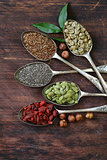 healthy eating ingredients super food - chia and flax seeds, goji berries, nuts