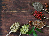 healthy eating ingredients super food - chia and flax seeds, goji berries, nuts