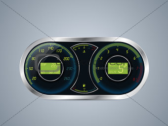 Shiny metallic speedometer and rev counter