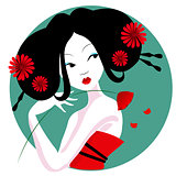 illustration of a beautiful geisha in red dress. very gentle and passionate.