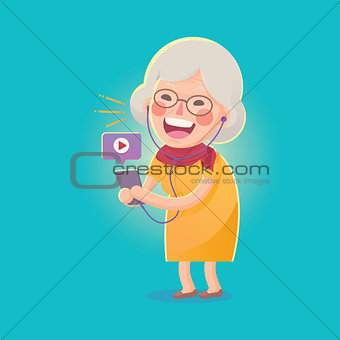 Happy Old Woman Watch Movie From Smart phone