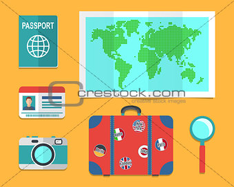 Travelers suitcase, earth map, passports