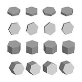 Hexagon. Monochrome set of geometric prism shapes