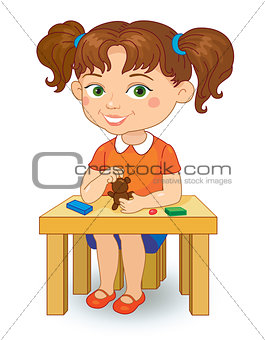 girl making plasticine figures cartoon vector illustration isolated on white background.