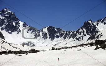 Hiker in snowy mountains
