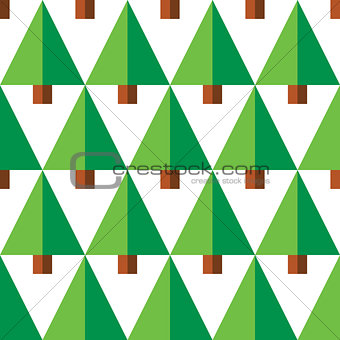 Geometric seamless pattern with green trees on white background