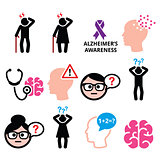 Seniors health - Alzheimer's disease and dementia, memory loss icons set