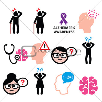 Seniors health - Alzheimer's disease and dementia, memory loss icons set