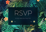 Wedding invitation or card design with exotic tropical flowers and leaves