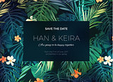 Wedding invitation or card design with exotic tropical flowers and leaves