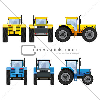 Yellow and blue tractors with big wheels.