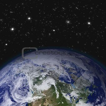 Creative abstract global communication scientific concept: space view of Earth planet globe with world map in Solar System of Universe. Elements of this image are furnished by NASA