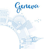 Outline Geneva skyline with blue landmarks and copy space. 