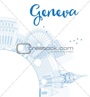 Outline Geneva skyline with blue landmarks and copy space. 